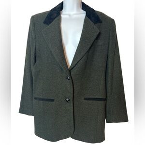 VTG Laura Jefferies Womens M Blazer Dark Green Wool Blend Suede Collar Heritage